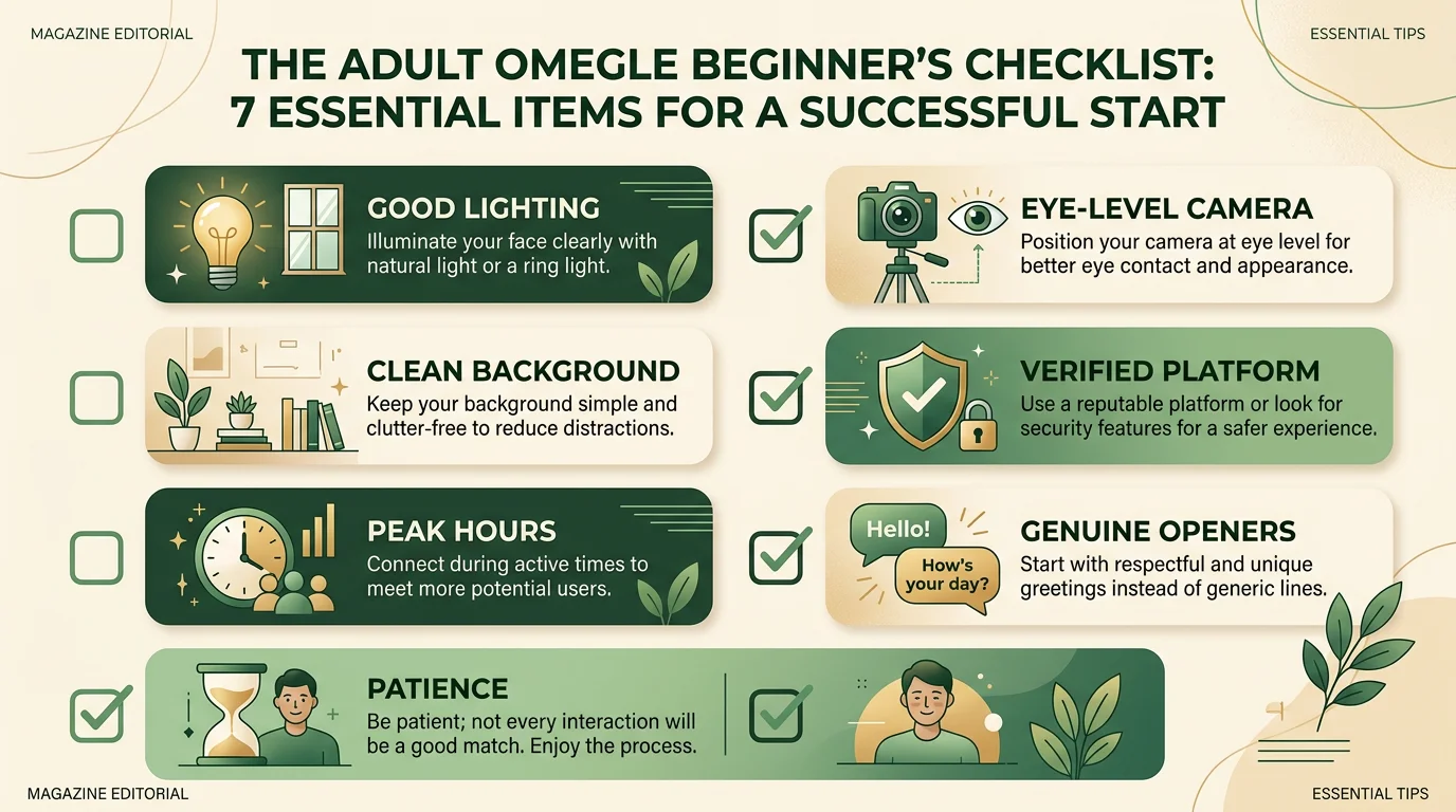 7 essential items for adult Omegle beginners checklist good lighting camera background verified platform peak hours openers patience 2026