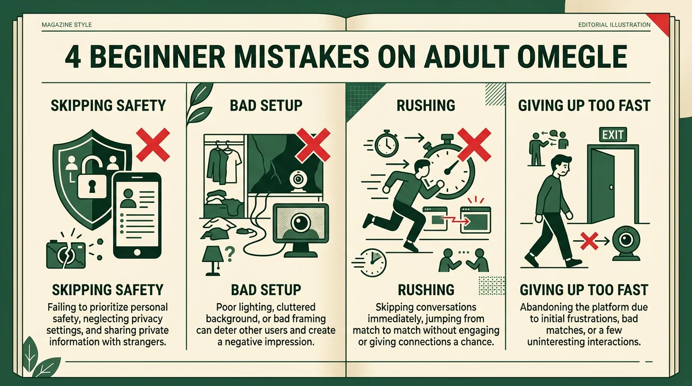 4 beginner mistakes on adult Omegle skipping safety bad setup rushing giving up too fast 2026