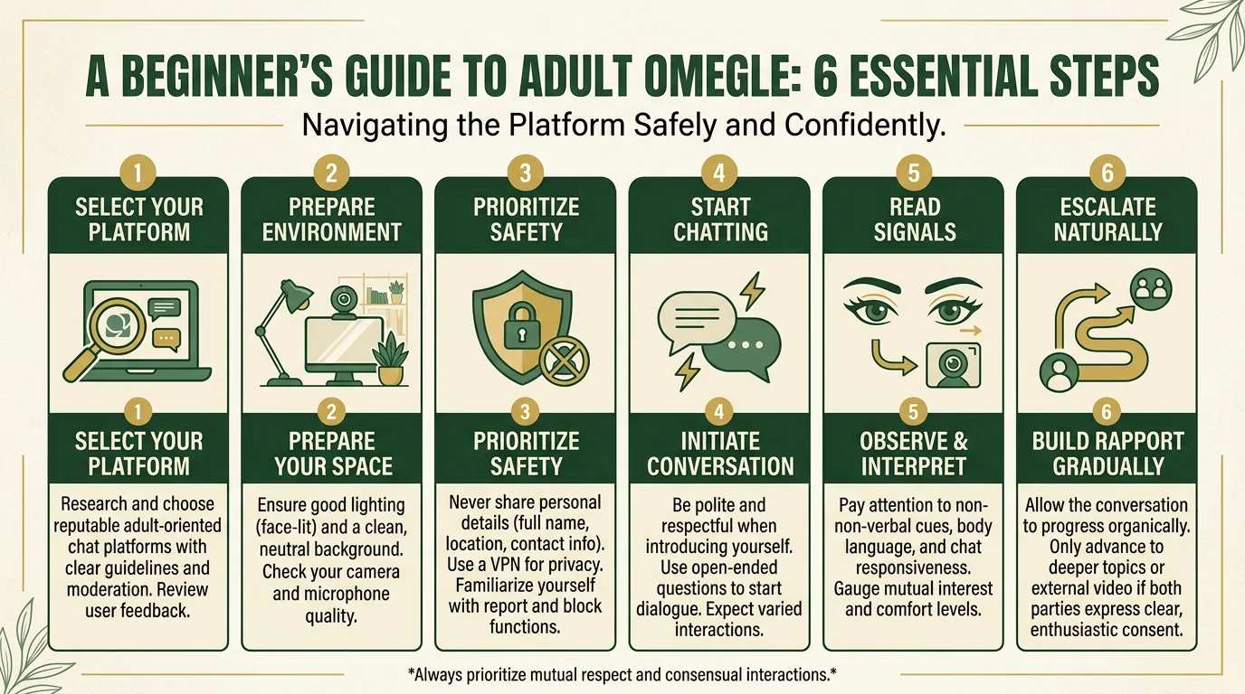 6 steps for beginners on adult Omegle choose platform setup environment safety first start chatting read signals escalate naturally 2026