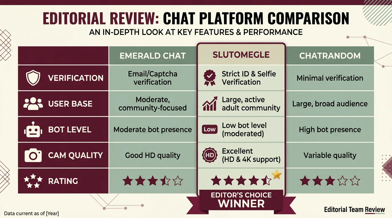 Comparison table Emerald Chat vs SlutOmegle vs Chatrandom verification user base bot levels cam quality ratings 2026