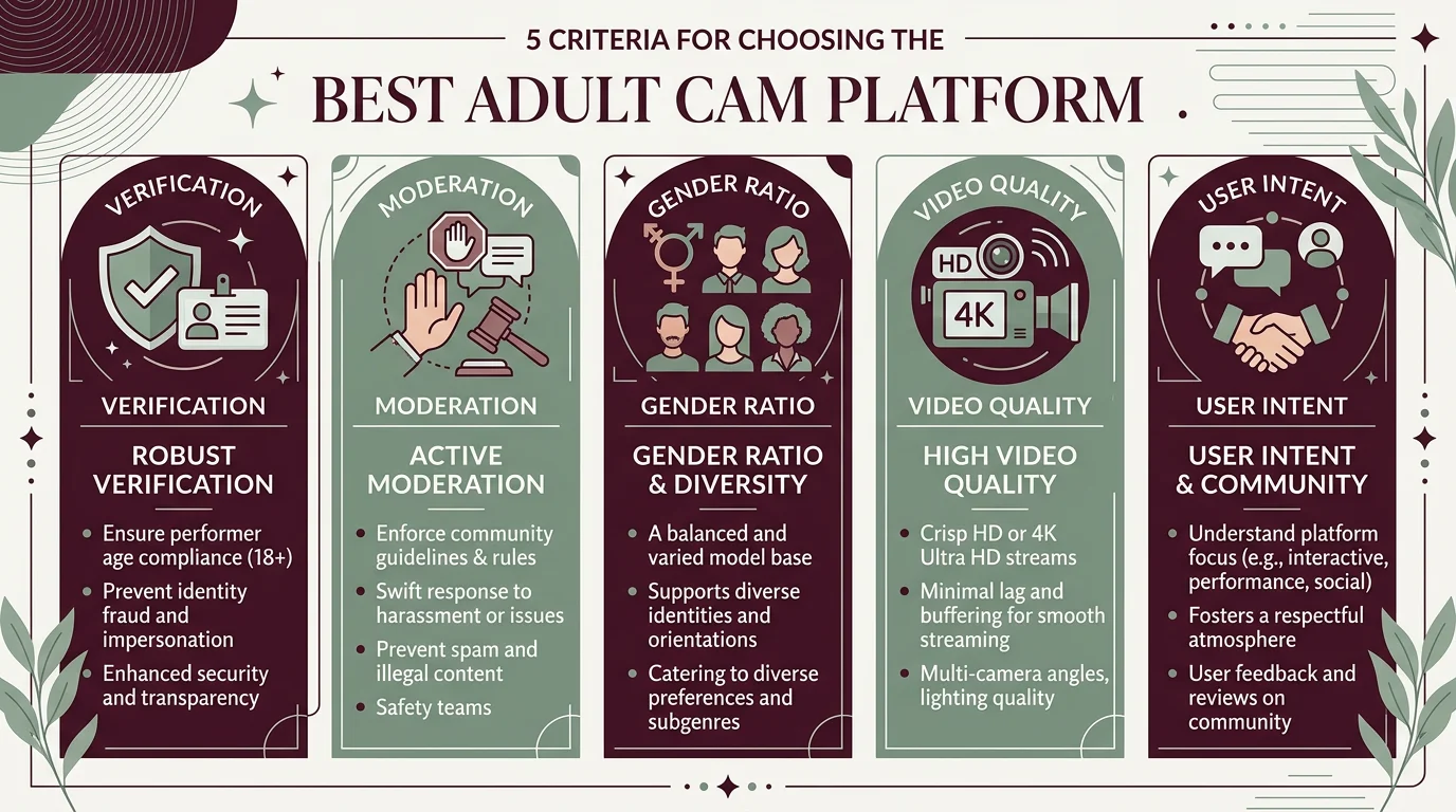 5 criteria for choosing the best adult cam platform verification moderation gender ratio video quality user intent 2026
